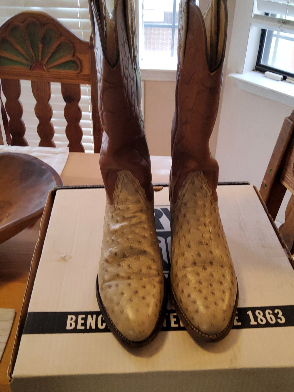 Frye Two-Tone Brown and Cream Ostrich-Texture Cowboy Boots